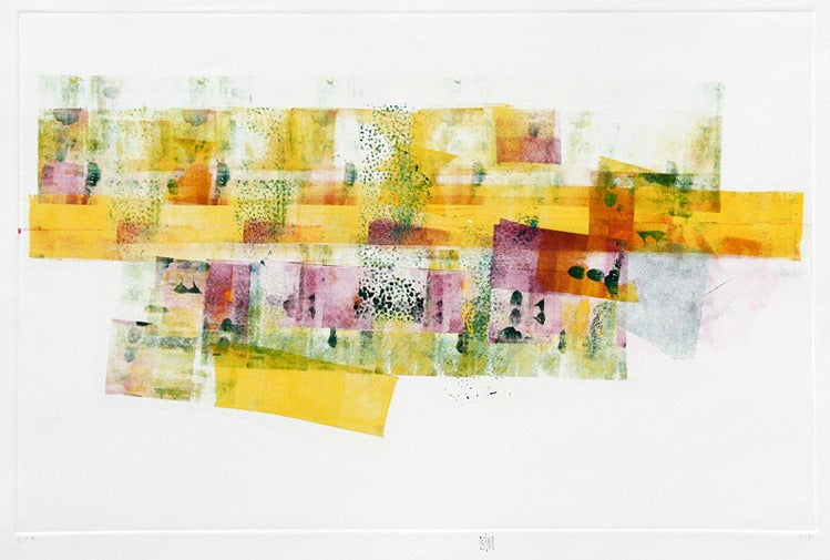 Karin Bruckner Abstract Print - FrankLloydWrightRevisited, bright yellow, green and pink monotype, abstract