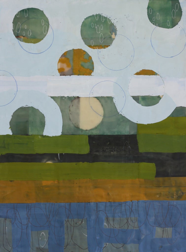 Amber George Abstract Painting - Cumulus 3, blue and green geometric abstract encaustic painting on panel. framed