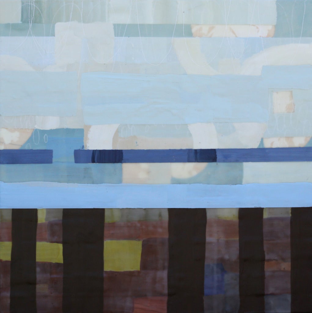 Amber George Abstract Painting - May Grey, blue and brown abstract geometric encaustic painting on panel, framed