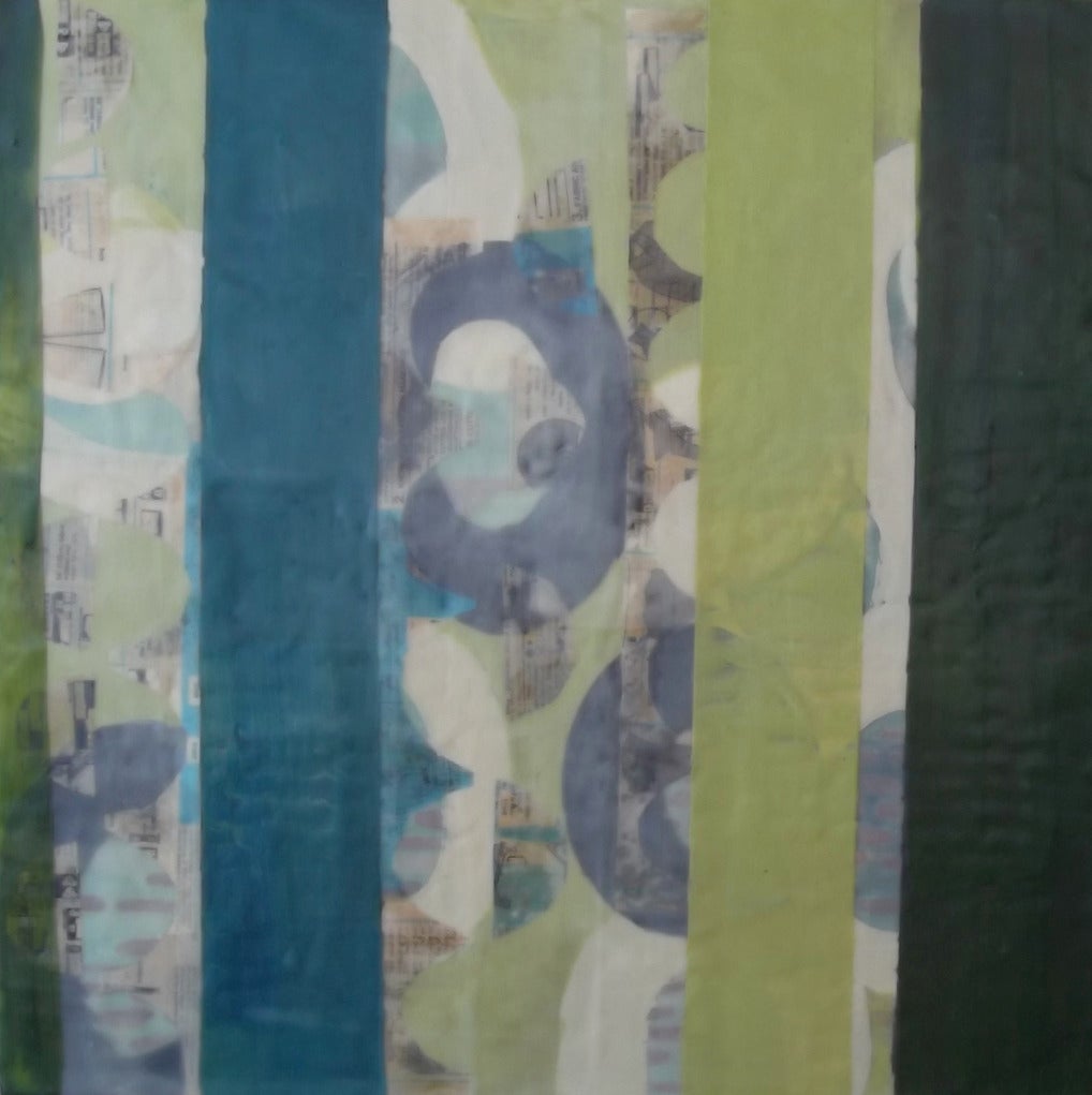 Straightening Up 1, blue and green encaustic painting on panel, framed