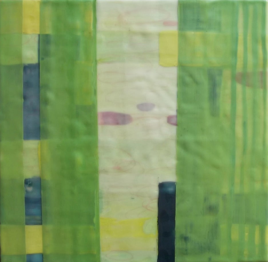 Straightening Up 7, bright green geometric abstract encaustic painting on panel - Painting by Amber George