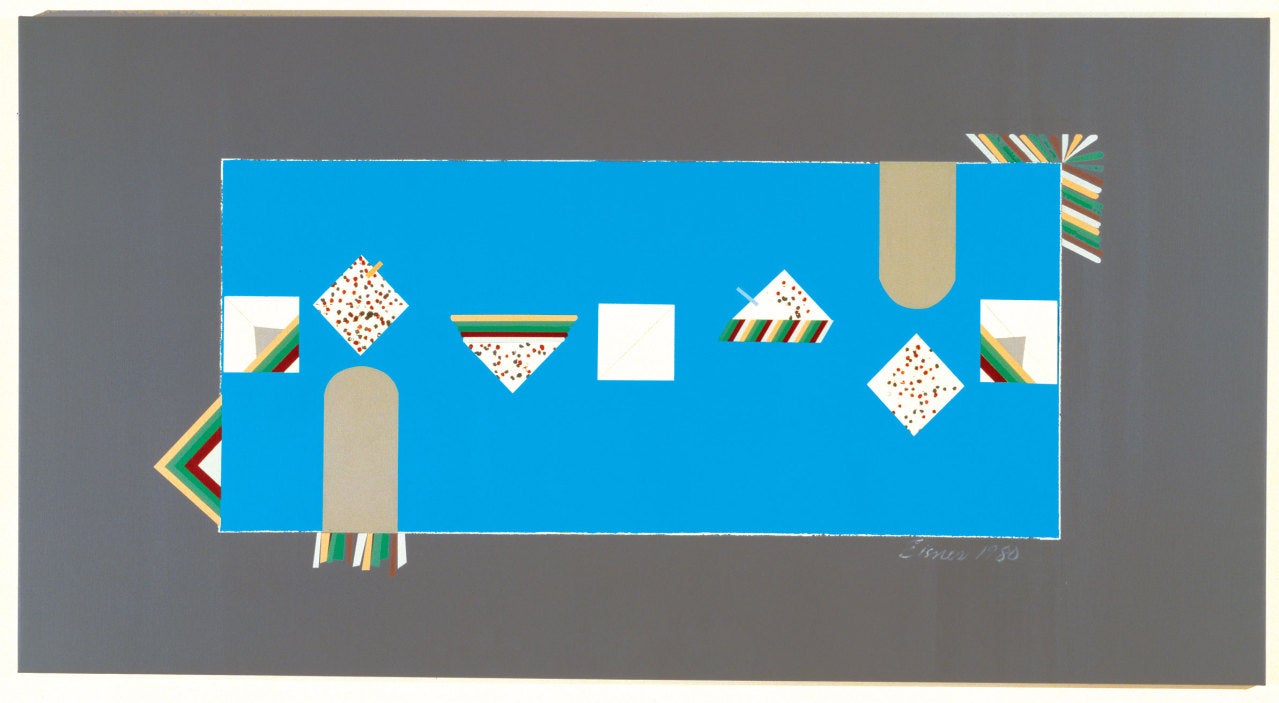 Kiza (grigio, blu, motivo, pittura astratta geometrica) - Painting di Carole Eisner