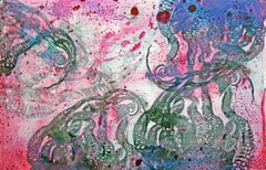 Ink & Wine, pink, blue and purple abstract mixed media on canvas