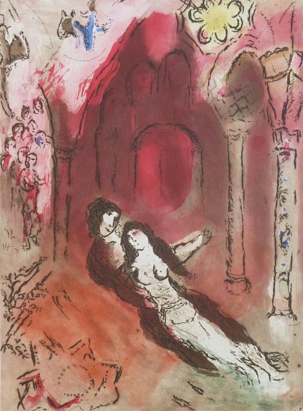 This etching with aquatint in colours in hand signed in pencil by the artist "Marc Chagall" at the lower right margin.
It is also hand numbered in pencil "50/50" at the lower left margin.
The work was printed in 1962 in a limited edition of 50
