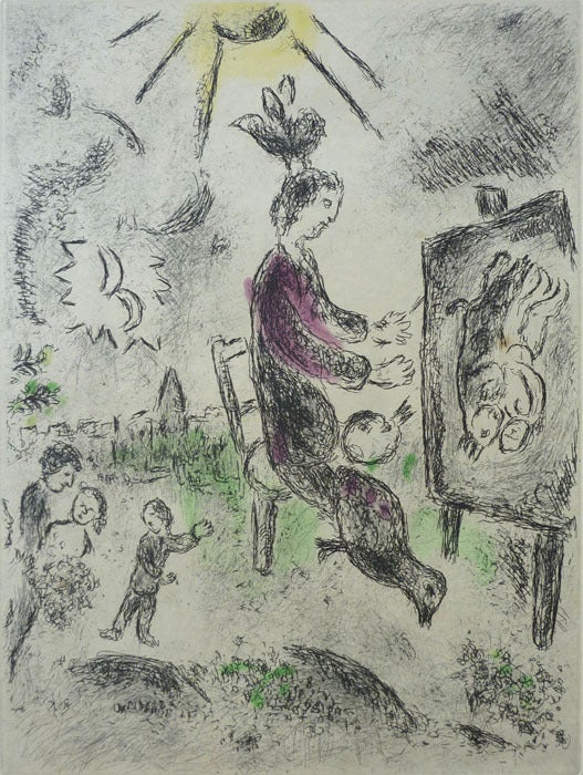 This work is hand signed in pencil by the artist "Marc Chagall" in the lower right margin,
and hand numbered in pencil "2/25" in the lower left margin.
This is the 16th plate in Chagall's series of 24 etchings for the text of  Louis Aragon "Celui
