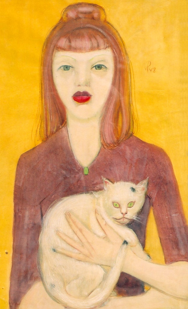 Werner Reifarth Figurative Painting - Gouache Mädchen mit Katze  ( Girl with a Cat ) by Werner Reifahrt 1948