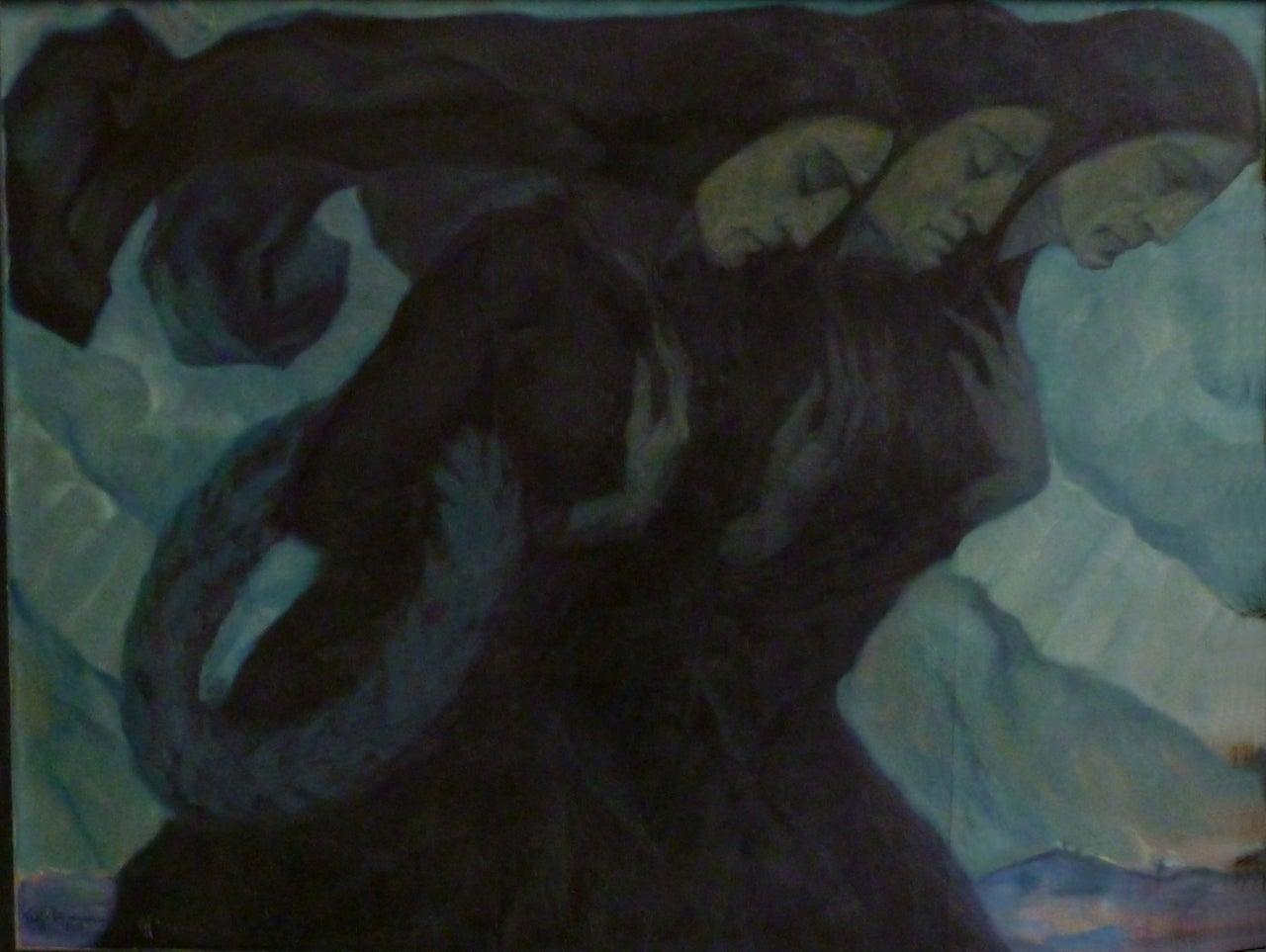 Oil Painting on Wood 1919, "Three Bereaved Women" by Fritz Burmann