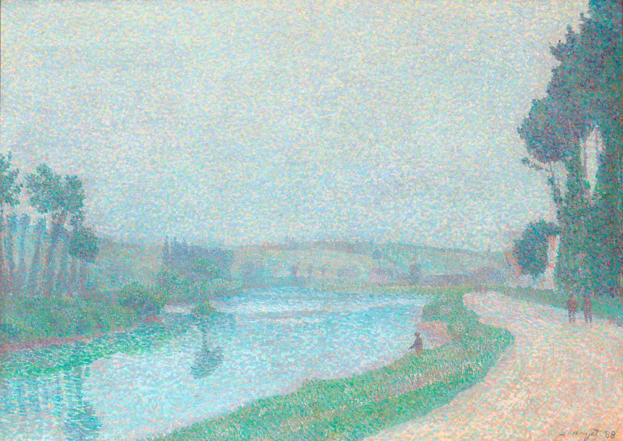 Louis Hayet<br> 
1864-1940 Français<br><br> 
<em>Bord de L'Oise à l'aube:: Pontoise</em><br><br> 
Signé et daté « L. Hayet ». 88' (en bas à droite)<br> 
Huile sur toile<br><br> 

Cet enchanterissant paysage aquatique de l'artiste français Louis