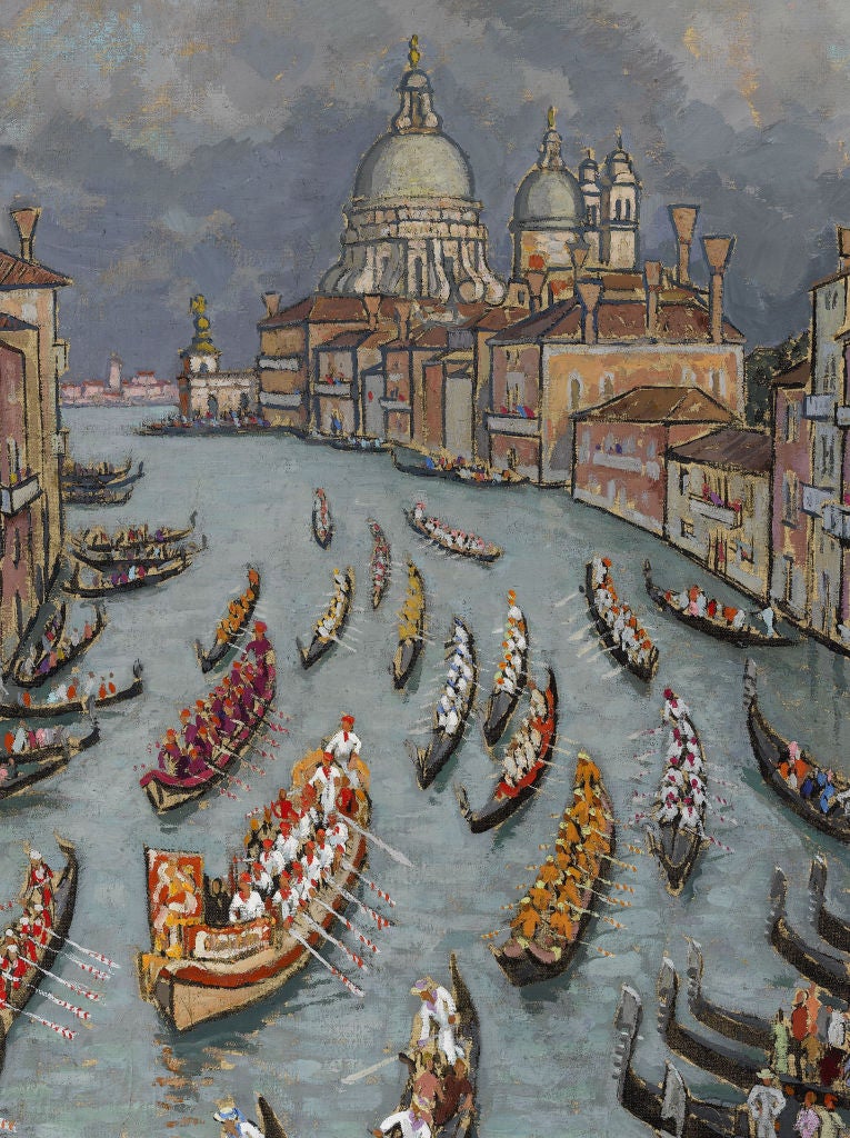 Jacques Martin-Ferrieres 
1893-1972• French
<em>Fete sur le Grand Canal</em>
Signed 'Jac Martin-Ferrieres' and dated 1927 (lower left)
Oil on Canvas

This enchanting work by French artist, Jacques Martin-Ferrieres depicts a procession of gondolas