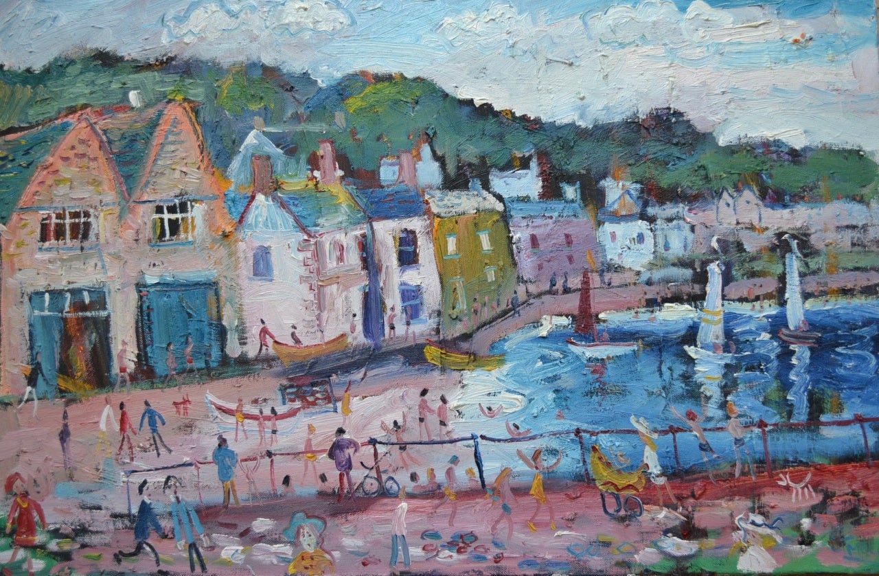 Simeon Stafford Landscape Painting - Sunday Afternoon, Mousehole: Contemporary Outsider Art Oil Painting