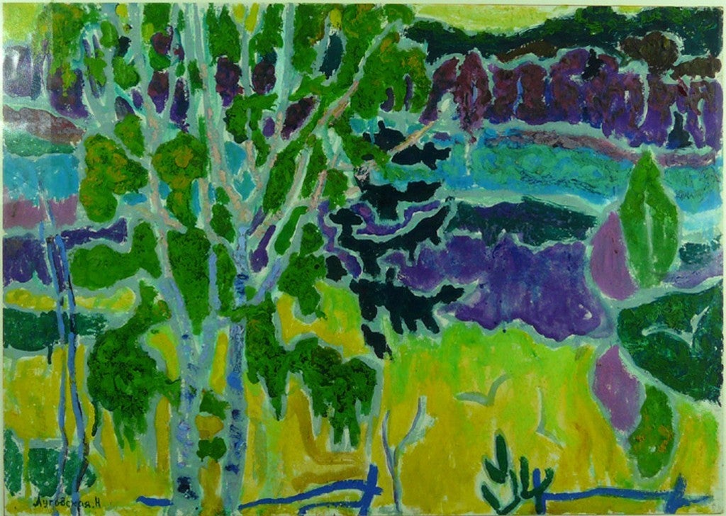 Nina Lugovskya Landscape Painting - Birch Trees: 1960s Oil on paper by Russian Artist Nina Lugovskaya