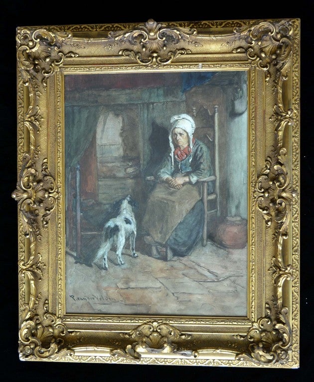 Paulus Petrus van der Velden Figurative Art - Seated Woman With Her Dog