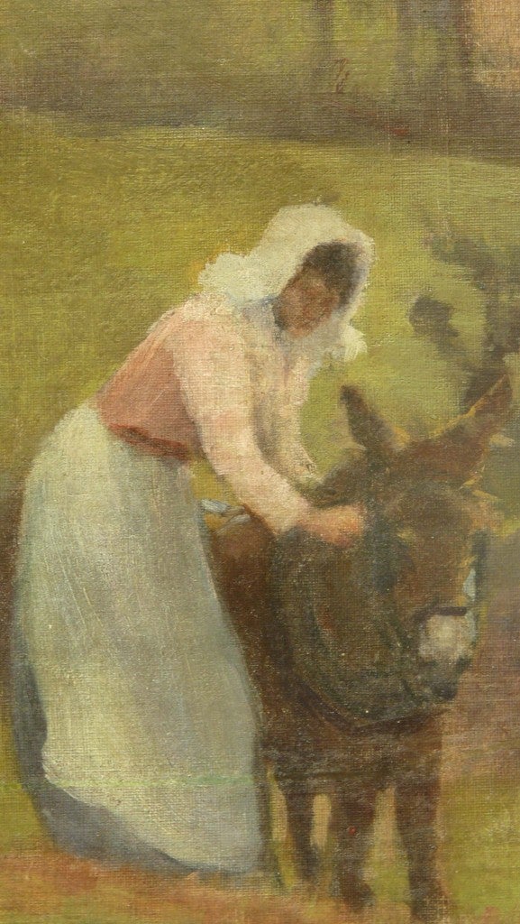 Elizabeth Adela Stanhope Forbes Figurative Painting - Woman and Donkey attrib Elizabeth Forbes
