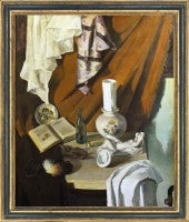Used Still life with armorial jar, statuette and book
