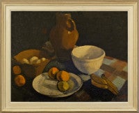 Still life with earthenware bowls, a pitcher, eggs and fruit