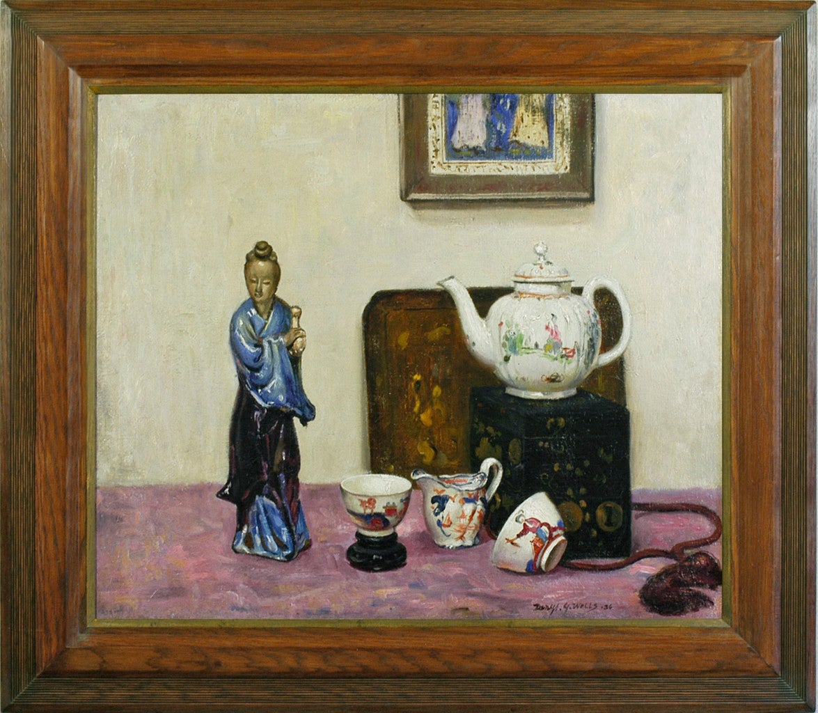 Denys George Wells Still-Life Painting - Still life with Chinese porcelain and a statuette