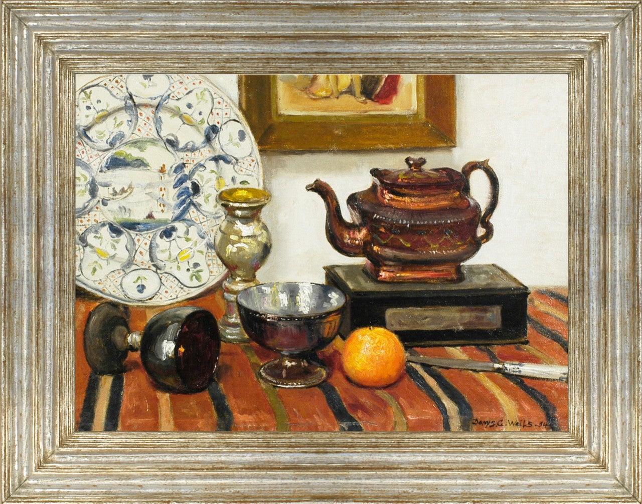 Denys George Wells Still-Life Painting - Still life with teapot, orange and goblets