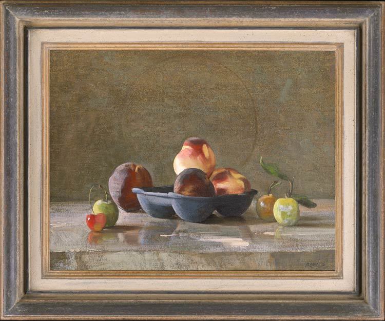 Peaches with greengages and a cherry - Painting by Stephen Rose