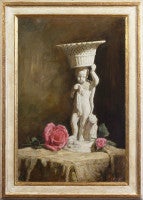Still life with a statuette and pink roses