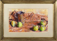 Vintage Arrangement with apples and pears and a glazed jug