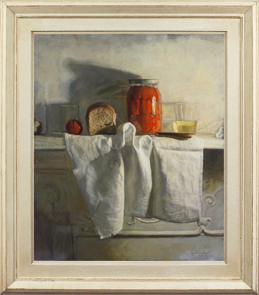 George Weissbort Still-Life Painting - Arrangement with Loaf, Jar of Red Peppers and White Linen on a Shelf