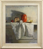 Arrangement with Loaf, Jar of Red Peppers and White Linen on a Shelf