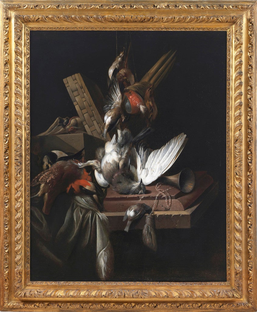 Still life with game birds &amp; implements of the chase on a draped stone ledge - Painting by William Gowe Ferguson