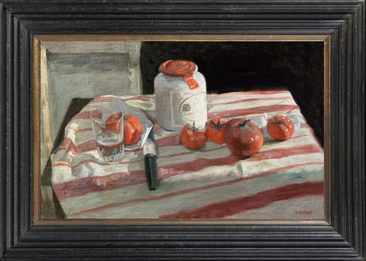 George Weissbort Still-Life Painting - Still life with mustard jar, tomatoes, knife and glass on a striped tablecloth