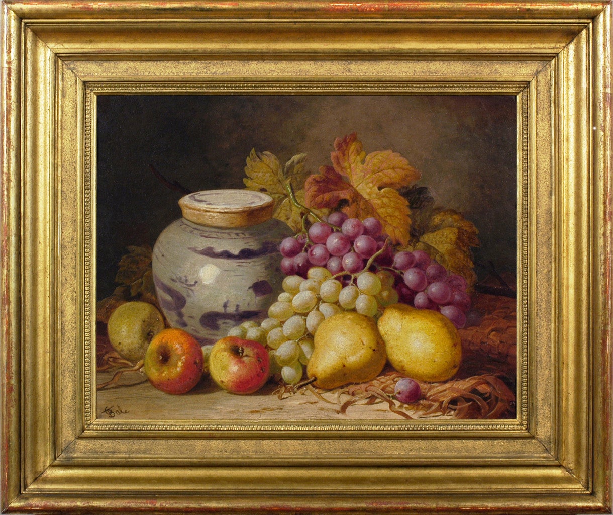 CHARLES THOMAS BALE Still-Life Painting - Still life of pears, apples, grapes and a Chinese jar