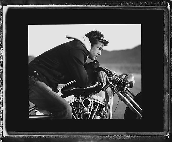 Brad Pitt - b&w portrait of the actor on a motorcycle, fine art photography 2005