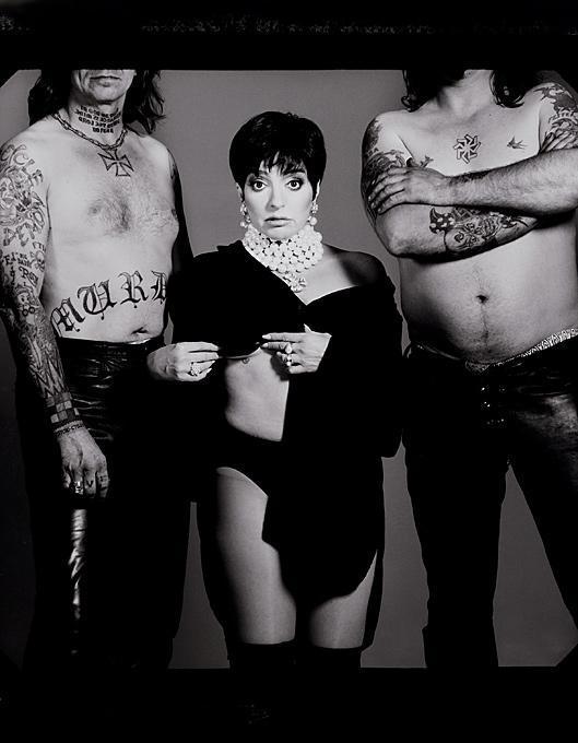 'Liza Minnelli' - in pearls posing with two men, fine art photography, 1996