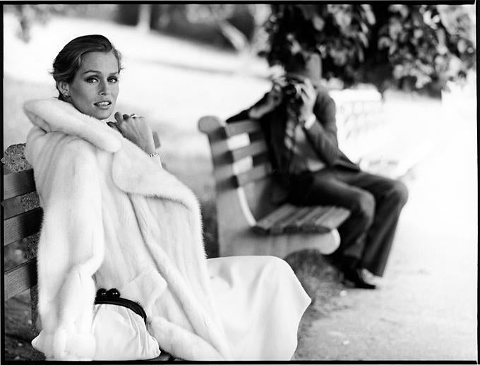 Arthur Elgort Black and White Photograph - Lauren Hutton - fashion portrait with photographer, fine art photography, 1975