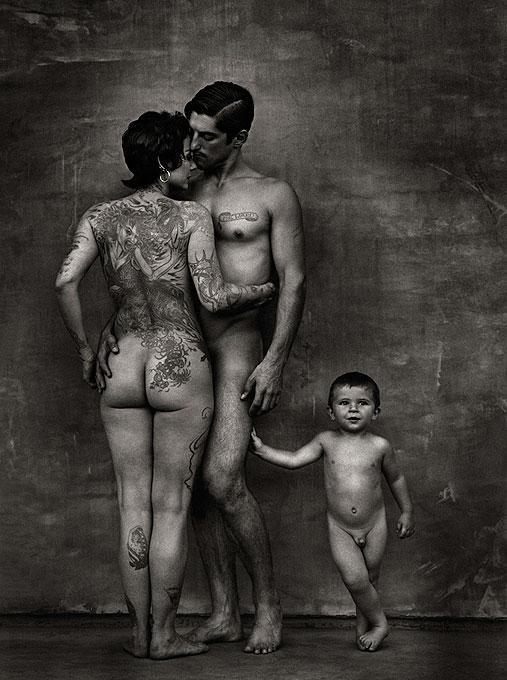 Andreas H. Bitesnich Black and White Photograph - 'DD, Tony & Rocco, LA' - tattooed Family portrait, fine art photography, 1996