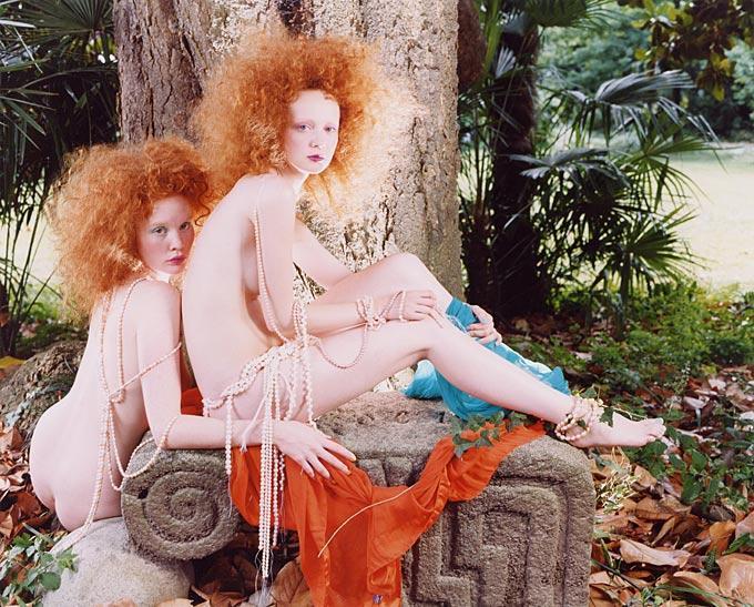 Iris Brosch Nude Photograph - Red Hair #1 - nude double portrait with pearls, fine art photography, 2004