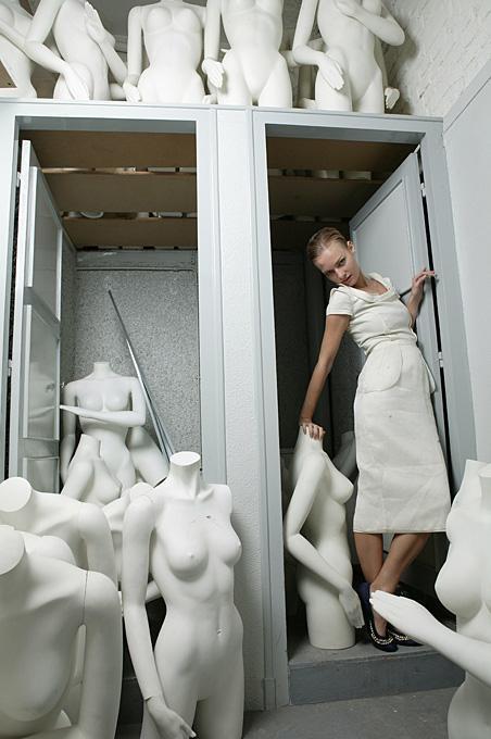 Iris Brosch Still-Life Photograph - Mannequin #3 - woman in white dress standing beside a mannequin
