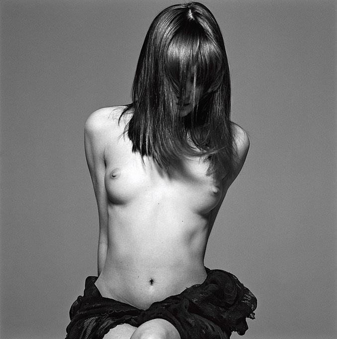 Michel Comte Nude Photograph - Carla Bruni, Safe Sex Campaign - the nude supermodel in a black skirt