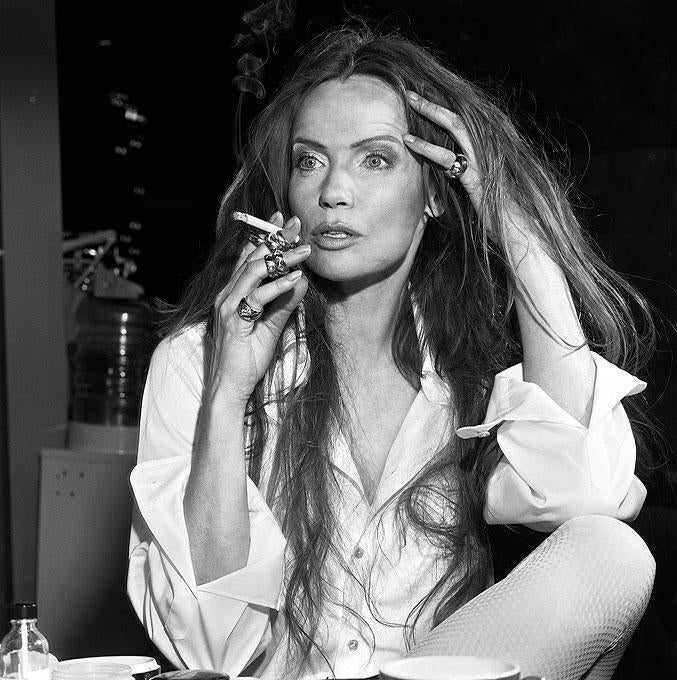 Michel Comte Portrait Photograph - Veruschka I, Per Lui - Model and activist posing in white shirt with a cigarette