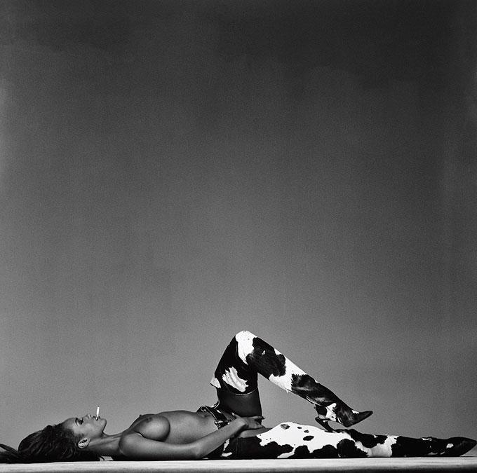 Iman, Harpers Bazaar US - the supermodel lying on the floor nude