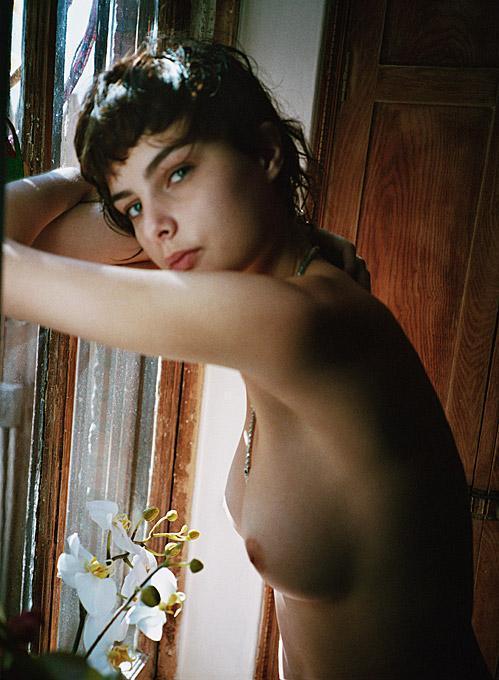 Color Photograph de Marc Baptiste - Ventana de la cocina - mujer desnuda mirando a cámara a una ventana de cristal con una flor