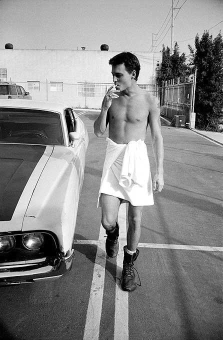 Sante D´ Orazio Portrait Photograph - Johnny Depp, Hollywood, CA - the actor in a towel and cigarette beside a car