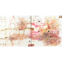 Flirtatious Superficiality, Large Abstract Encaustic Diptych in Cream and Pink 5