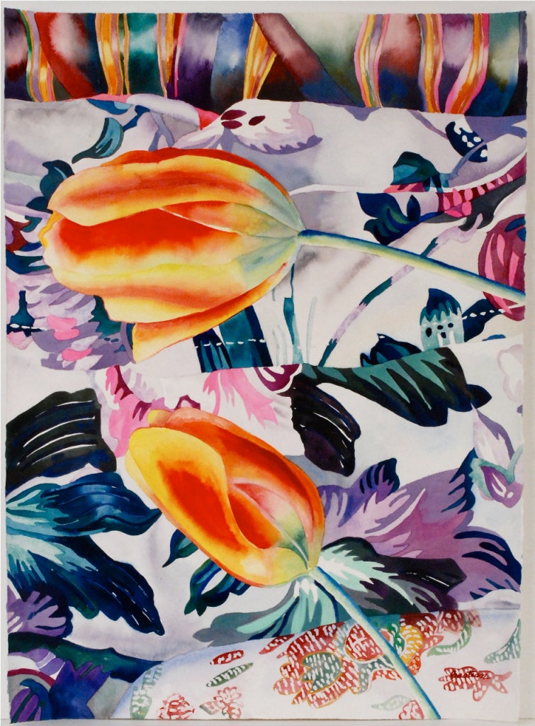 Two Tulips on Tropical Pillow - Art by Linda Bastian