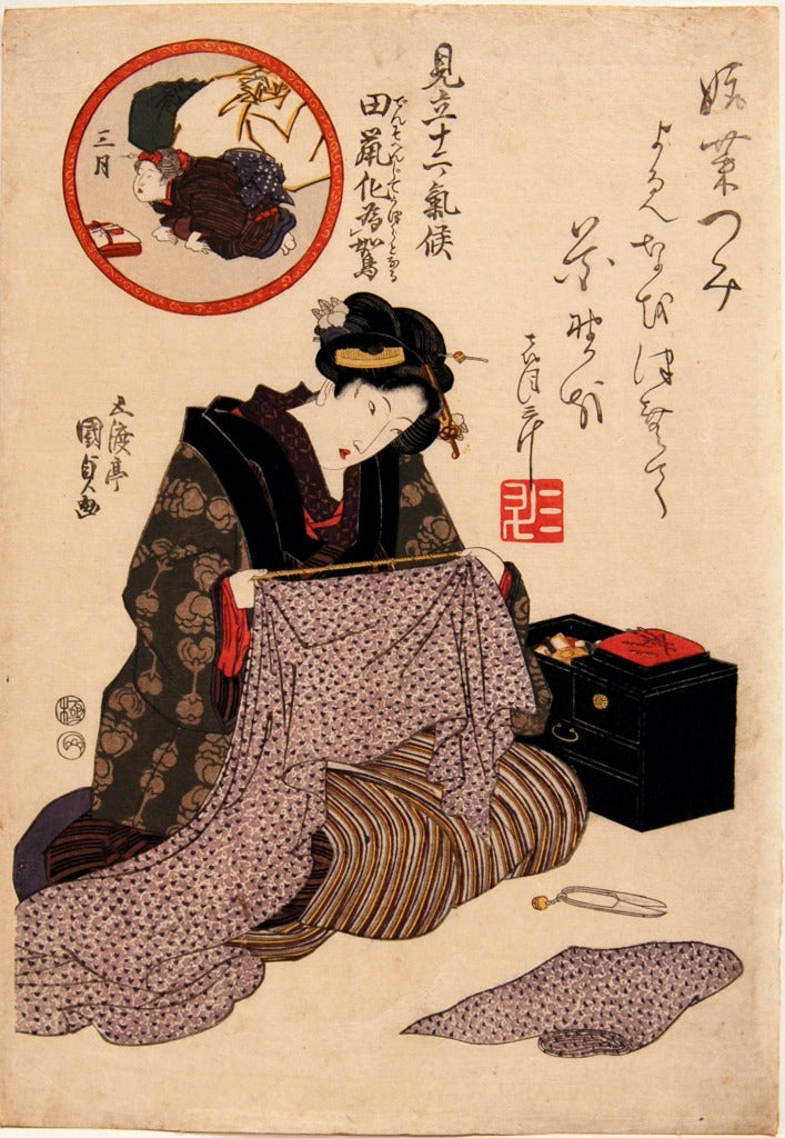 Beauty Sewing: The Third Month (sangatsu) - Print by Utagawa Kunisada (Toyokuni III)