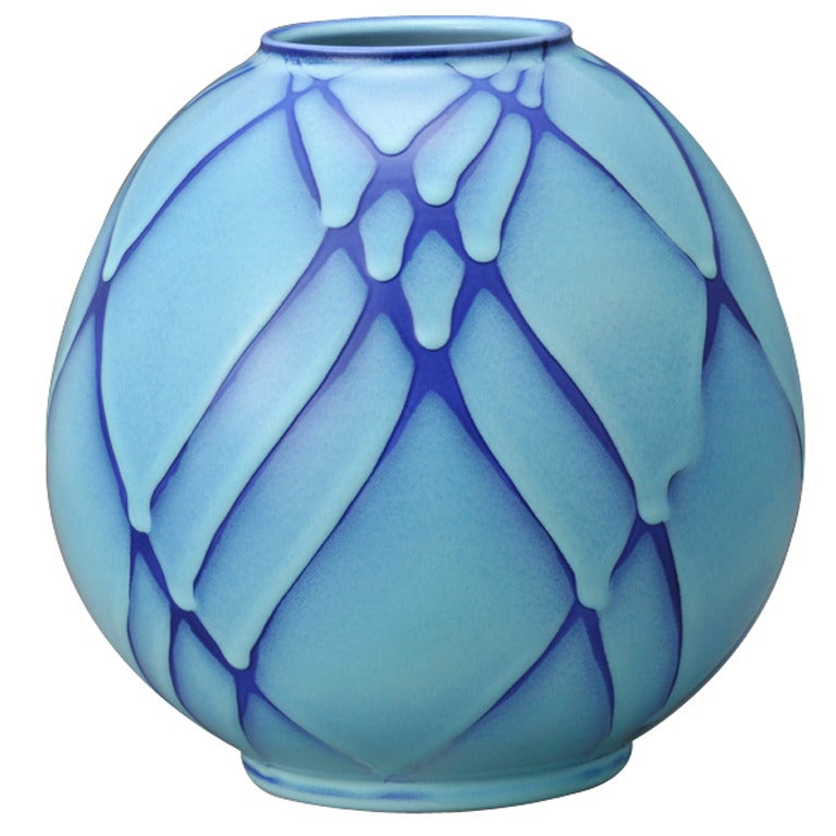 Round Flower Vessel with Blue Tint For Sale