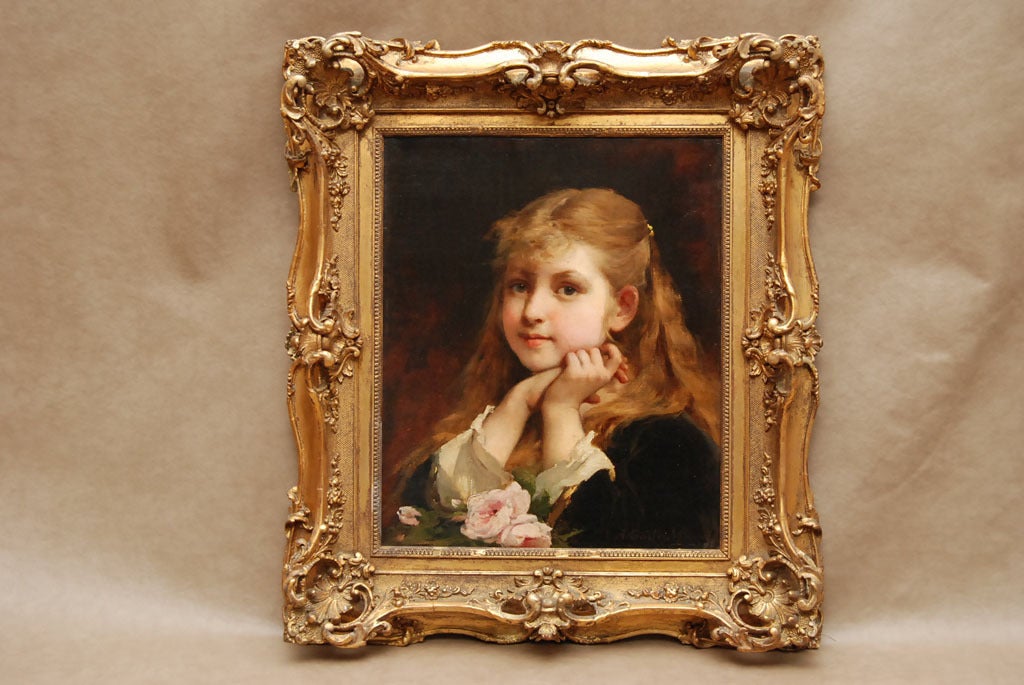 Portrait Of A Young Girl With Pink Roses - Painting by Unknown