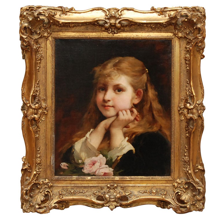 Unknown Portrait Painting - Portrait Of A Young Girl With Pink Roses