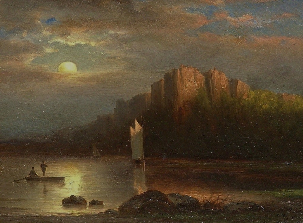 19th Century Landscape Hudson River Moonlit View Of The Palisades