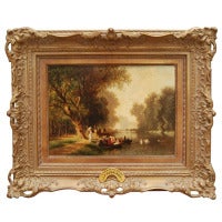 19th Century German Landscape Painting of Boating Near Nymphenburg Castle