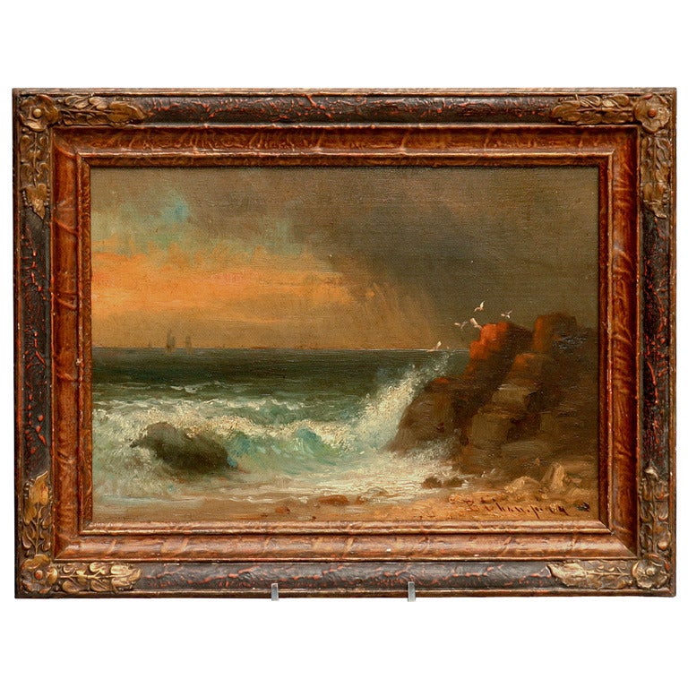 A small but dramatic gem by New England artist Benjamin Champney (1817-1907) in the original frame. Signed B. Champney