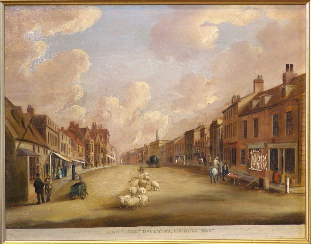 A charming naive painting of a view down the main thoroughfare in the small town of Daventry, England that the industrial revolution almost forgot. Daventry was a prosperous town (75 miles north from London) and on a main coach route until the